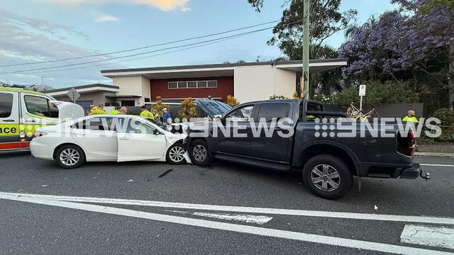 The scene after Ezra Mam was involved in a two-vehicle traffic crash at Bardon, 18 October 2024. Photo: 9 News.