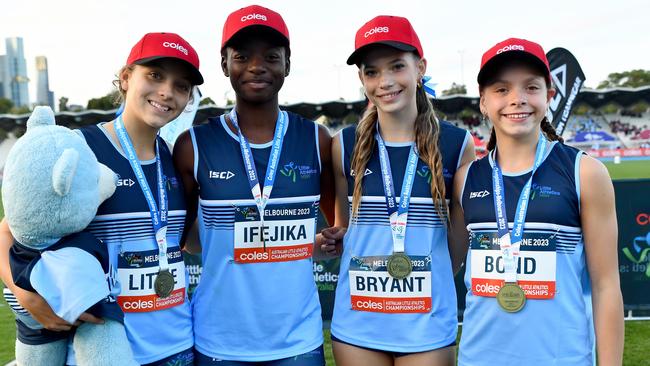 Gold medallists Amalia Bond (NSW), Tayla Bryant (NSW), Allegra Little (NSW) and Ruth Ifejika (NSW) during the Australian Little Athletics Championships last year.