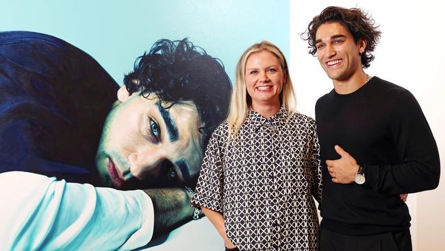 Heartbreak High actor Josh Heuston and artist Kelly Maree with Kelly's portrait of Josh at the Art Gallery of NSW. Picture: Tim Hunter