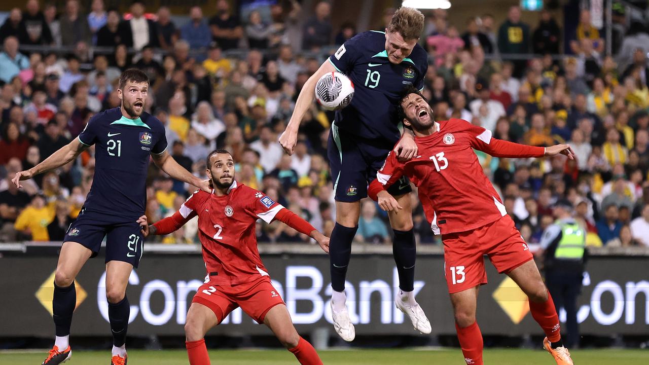 Australia and Lebanon in qualifying action in Canberra in March this year. (Photo by Cameron Spencer/Getty Images)