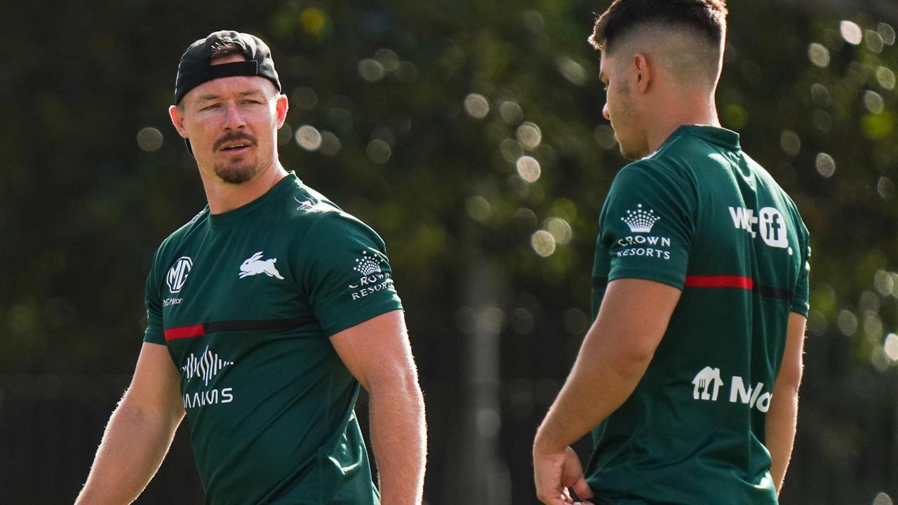 Rabbitohs hooker Damien Cook with rising rake Peter Mamouzelos. Picture: Rabbitohs Digital