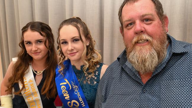 Left: Evans Head Teen Showgirl candidate Holly Layton, 2021 Teen Showgirl Sky Oldham and Dad Greg Oldham at the East Lismore Bowling Club for the North Coast National showgirl and teen showgirl competition. Picture: Cath Piltz