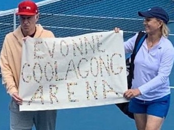 28/01/2020 Martina Navratilova and John McEnroe protest for Margaret Court Arena to be renamed in honour of Evonne Goolagong. Source: Twitter