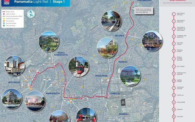 Stage one satellite map of the Parramatta Light rail route.