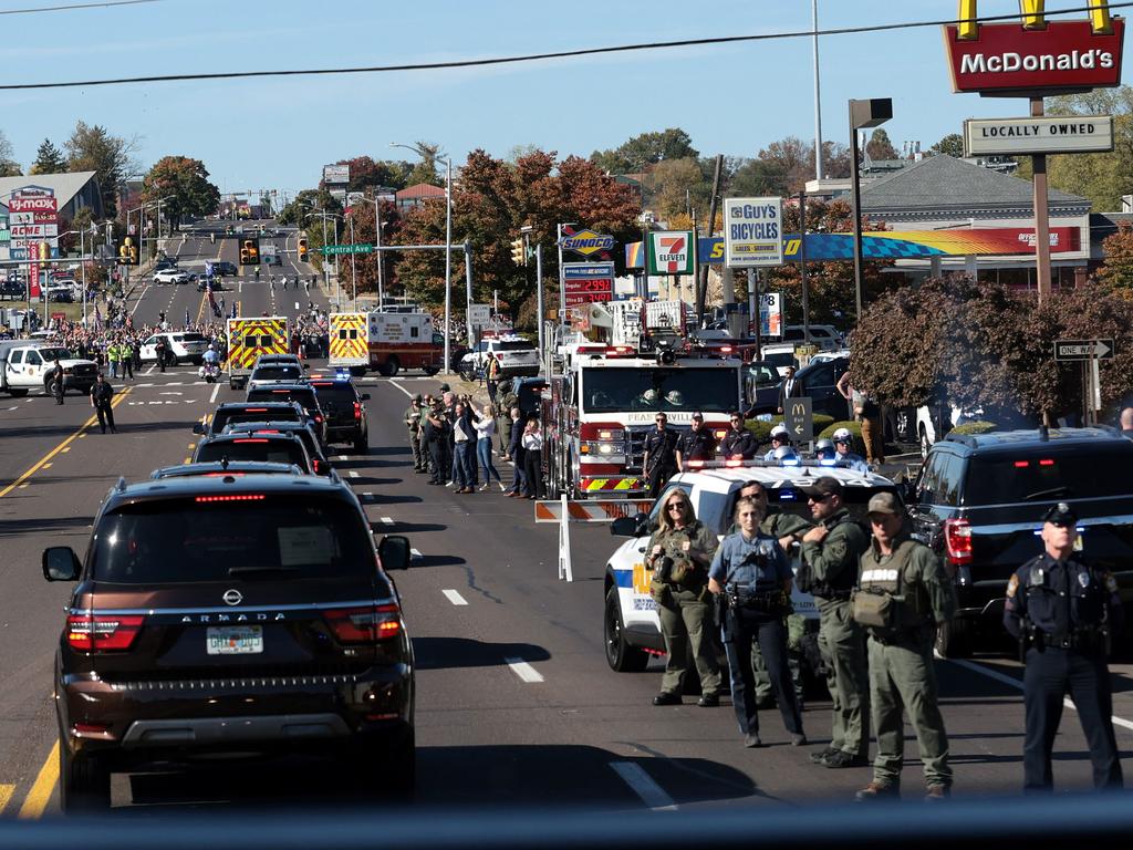 Donald Trump’s motorcade shut down the street outside the McDonald’s restaurant. Picture: AFP