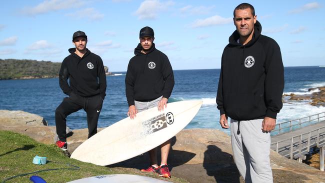 Shane Youngberry-Simon, Shaun Longbottom and Matt Page from the La Perouse Board Riders Indigenous Corporation. Picture: AAP IMAGE/ Danny Aarons