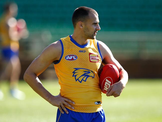 PERTH, AUSTRALIA - MAY 15: Dom Sheed looks on during a West Coast Eagles AFL training session at Subiaco Oval on May 15, 2018 in Perth, Australia.  (Photo by Paul Kane/Getty Images)