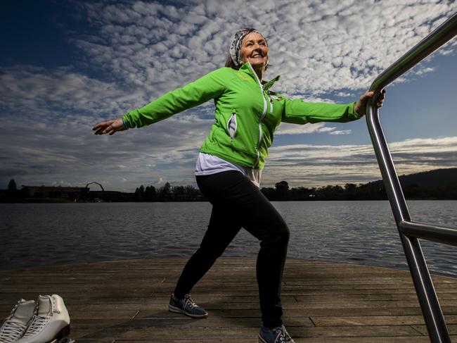 Portrait of figure skater Maxine Gray, 75, photographed at Lake Burley Griffin in Canberra. Picture by Sean Davey