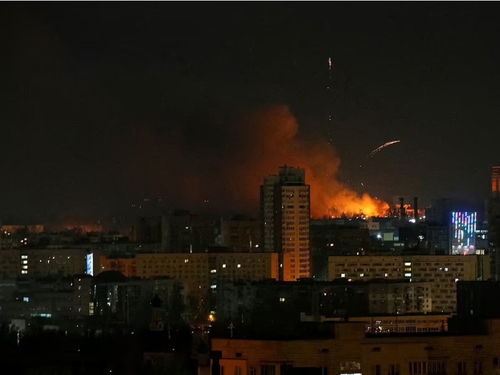 Smoke and flames are seen billowing over Kyiv's Victory Avenue in the west of the city, near the zoo, in the early hours of Saturday morning. Picture: Reuters