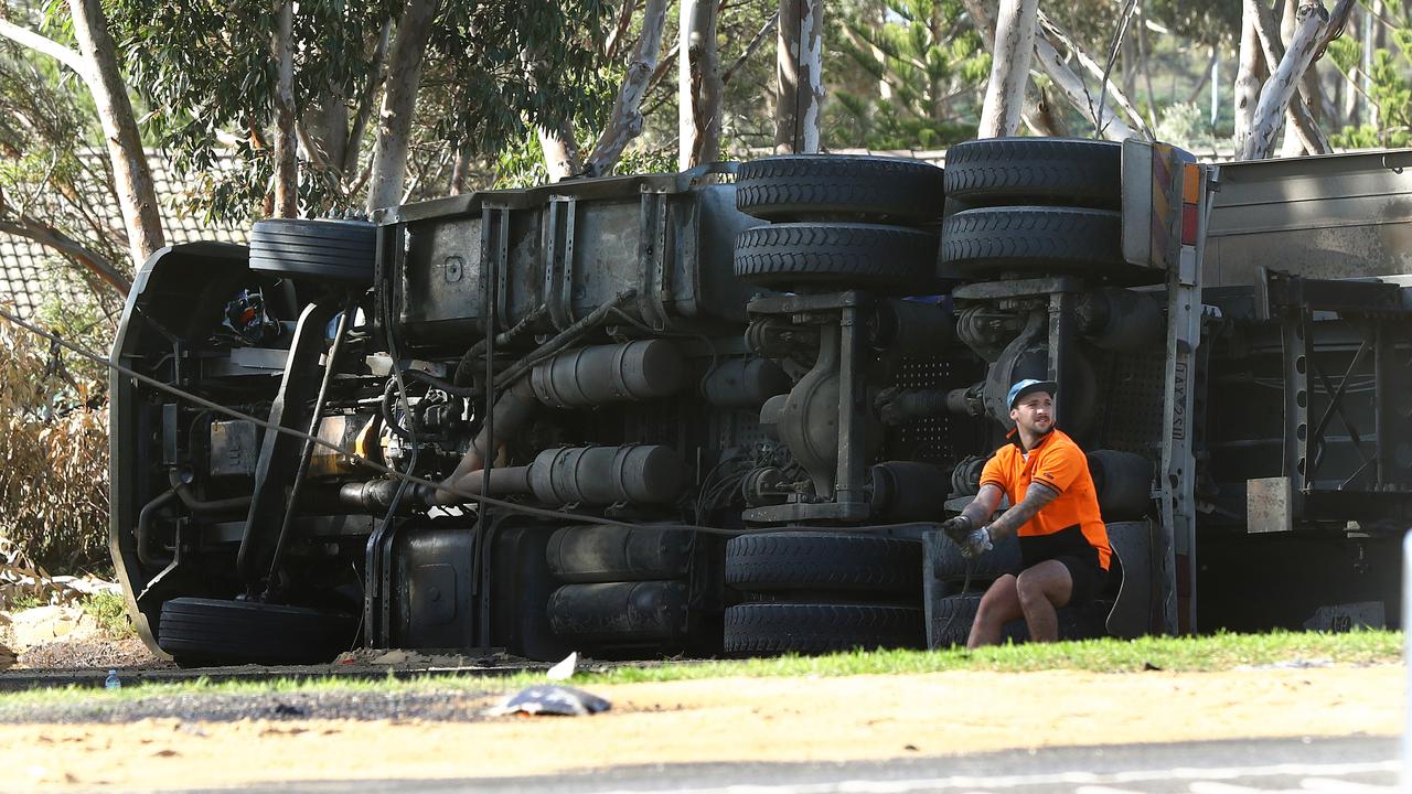 A sand truck overturned on Bacchus Marsh Rd. Picture: Alison Wynd