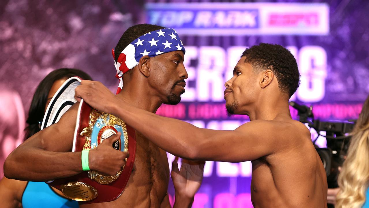 Jamel Herring and Shakur Stevenson face-off during the weigh-in. (Photo by Mikey Williams/Top Rank Inc via Getty Images)