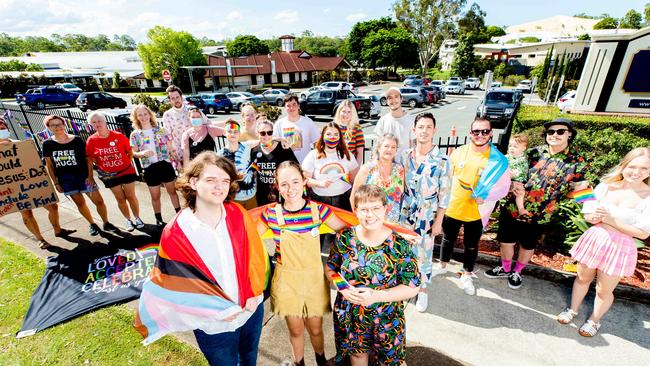 Emmey Leo, Felicity Myers and Bethany Lau gather to protest outside Citipointe Christian College in January 2022. Picture: Richard Walker