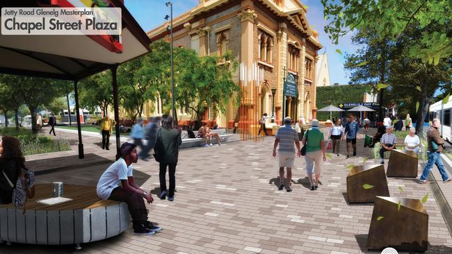 A concept design for a plaza at the corner of Jetty Rd and Chapel St, Glenelg. Source: Holdfast Bay Council.