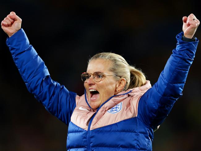 SYDNEY, AUSTRALIA - AUGUST 16: Sarina Wiegman, Head Coach of England, celebrates after the team's 3-1 victory and advance to the final following the FIFA Women's World Cup Australia & New Zealand 2023 Semi Final match between Australia and England at Stadium Australia on August 16, 2023 in Sydney, Australia. (Photo by Mark Metcalfe - FIFA/FIFA via Getty Images)