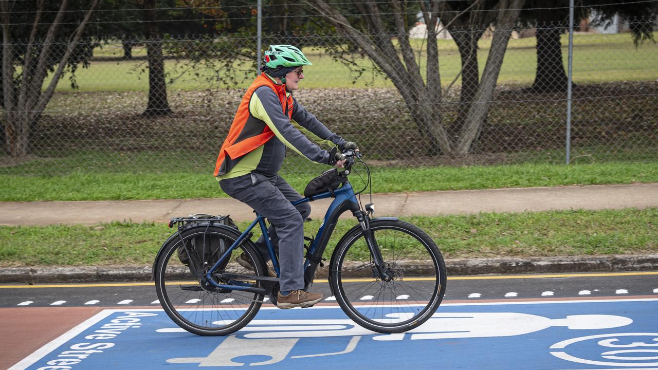 Cyclist Hugh Wilson on Pierce St in South Toowoomba as it is launched as Queensland's first active street – where bicycles have equal rights to cars, Friday, June 21, 2024. Picture: Kevin Farmer