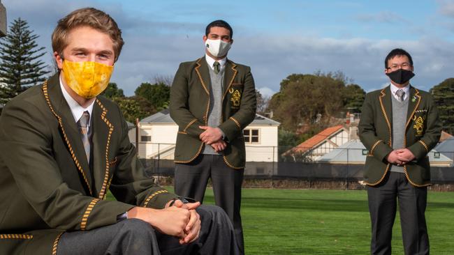 Trinity Grammar School Year 12 students wear their new masks. Picture: Jason Edwards