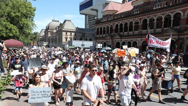 The Freedom Rally in the Brisbane CBD on Saturday. Picture: Annette Dew