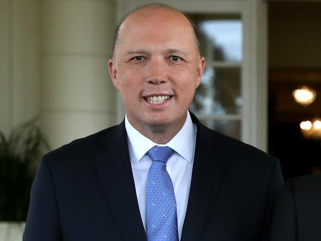 Home Affairs Minister Peter Dutton,  Governor-General, General Sir Peter Cosgrove with Treasurer Josh Frydenberg after being sworn in by The Governor-General, General Sir Peter Cosgrove at a ceremony at Government House, Canberra. Picture Kym Smith