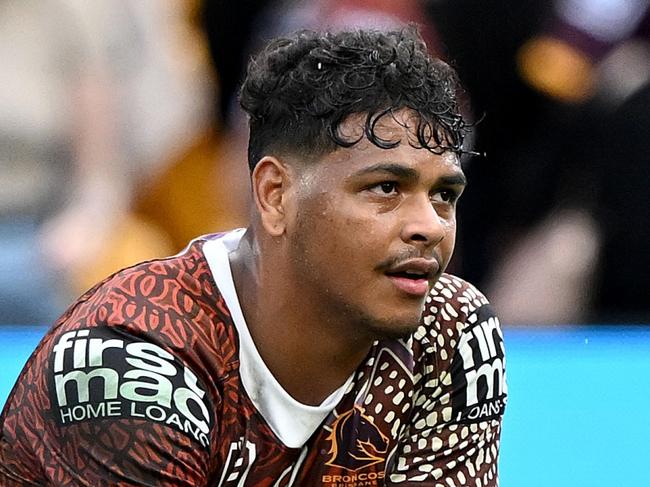 BRISBANE, AUSTRALIA - MAY 26: SelwynÃÂ Cobbo of the Broncos looks dejected after his team loses the round 12 NRL match between Brisbane Broncos and Gold Coast Titans at Suncorp Stadium, on May 26, 2024, in Brisbane, Australia. (Photo by Bradley Kanaris/Getty Images)