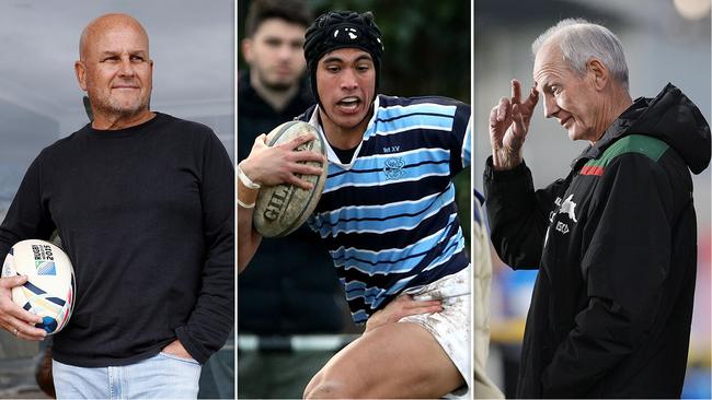 Rugby Australia CEO Rob Clarke, Joseph Suaalii and South Sydney coach Wayne Bennett.