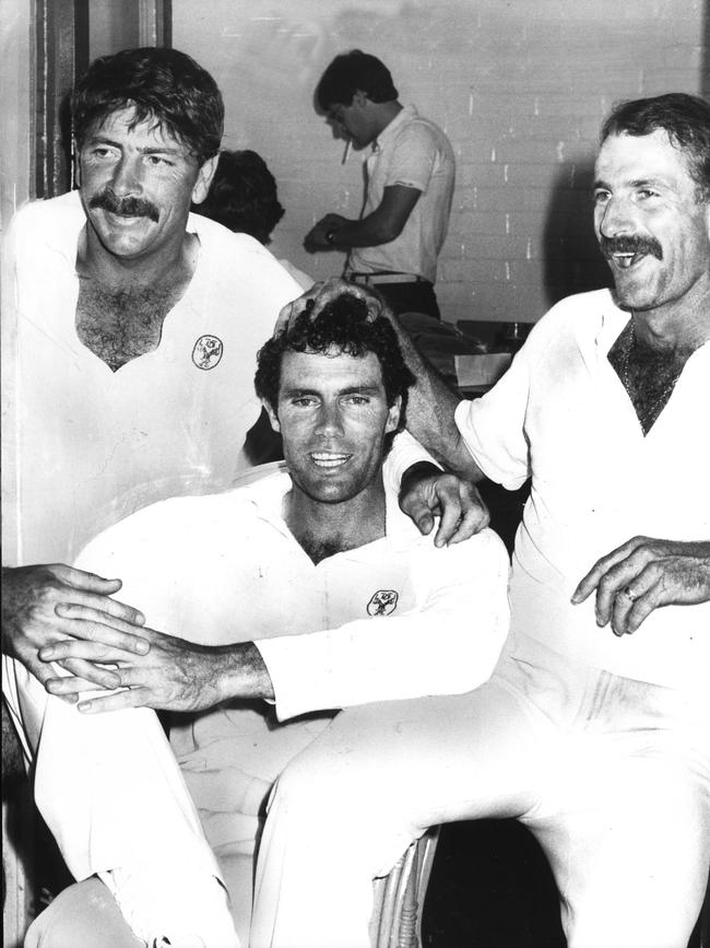 Rod Marsh, Greg Chappell and Dennis Lillee relax in the locker room after their final Test for Australia against Pakistan at the SCG in 1984. Picture: Ray Titus.