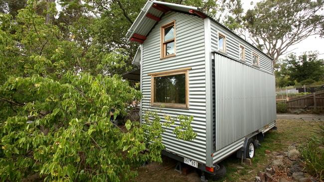 Fred Schultz’s tiny house is about 4.2m tall and less than 2.5m wide and can be towed because it is on wheels. Picture: Stuart Milligan.