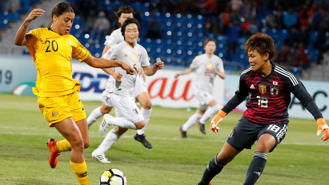 Australia's forward Sam Kerr against Japan in the AFC Women's Asian Cup final in the Jordanian capital Amman. Picture: AFP PHOTO / JACK GUEZ