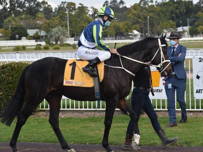 Former Melbourne Cup runner and Caulfield Cup place getter Mirage Dancer was ridden by Aaron Bullock in the $200,000 Maclean Hotel Grafton Cup at Clarence River Jockey Club on Thursday, 8th July, 2021. Photo: Bill North / The Daily Examiner