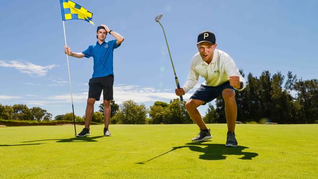 Mitchell Goldner, of Novar Gardens, watches Nick Vaananen, of Lockleys, play at Westward Ho Golf Club in West Beach. Picture: Brenton Edwards