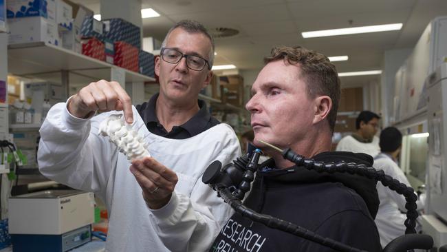 Professor James St John shows a cervical spine 3D printed model to Perry Cross, head of the spinal research foundation that helped raise $8.5m for the trial. Cross became a C2 ventilated quadriplegic after a rugby accident in 1994.