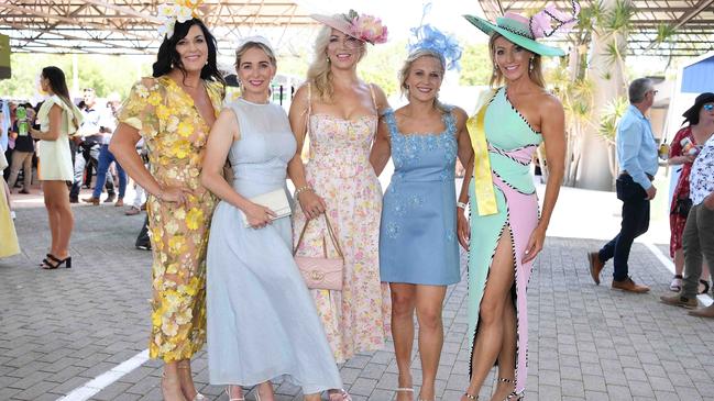 Sharon Klaassen, Belinda McLeod, Melonie Guild, Anita Eaves and Lana Brighht out and about at Corbould Park for the Melbourne Cup Race Day in Caloundra. Picture: Patrick Woods.