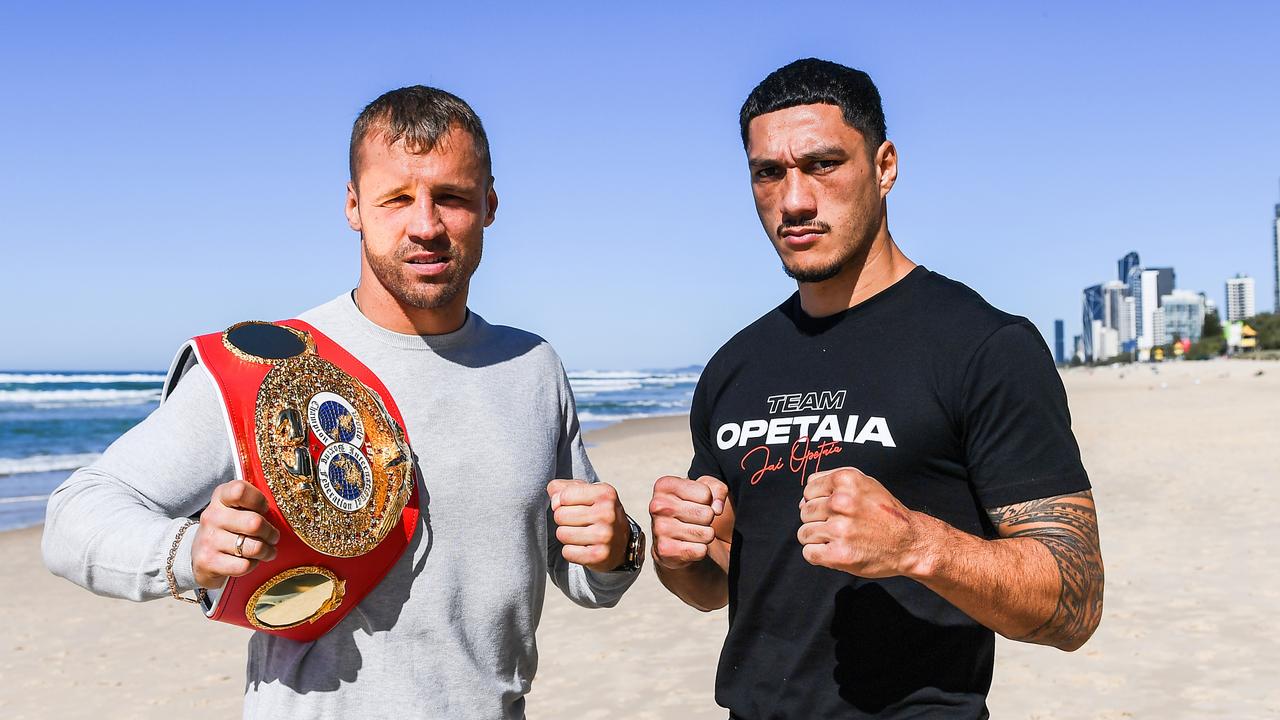 Latvian champion Mairis Briedis (left) and Jai Opetaia will fight for the IBF cruiserweight world title on Saturday night on the Gold Coast.