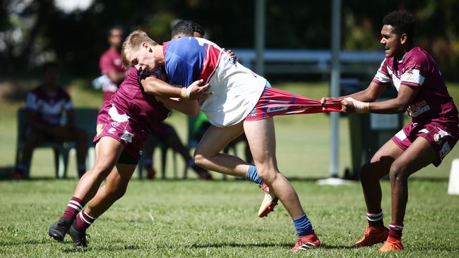 Ivanhoe's Ben England tests how stretchy his trousers are in a 2019 Cairns District Rugby League (CDRL) Under 18s match between the Ivanhoe Knights and the Yarrabah Seahawks. PICTURE: BRENDAN RADKE