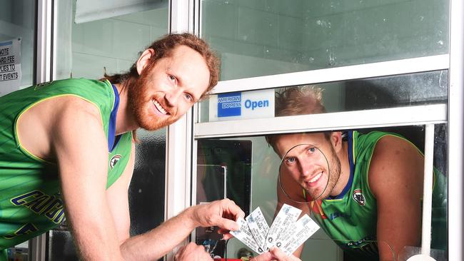 Townsville Crocodiles players Mitch Young and Luke Schenscher are calling on all Crocodiles fans to get season tickets for the 2016/17 season at the Townsville Entertainment Centre. Picture: Zak Simmonds