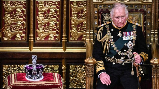 Prince Charles, alongside the Imperial State Crown, in the House of Lords Chamber, where he delivered the Queen’s Speech on behalf of his mother today. Picture: Getty Images