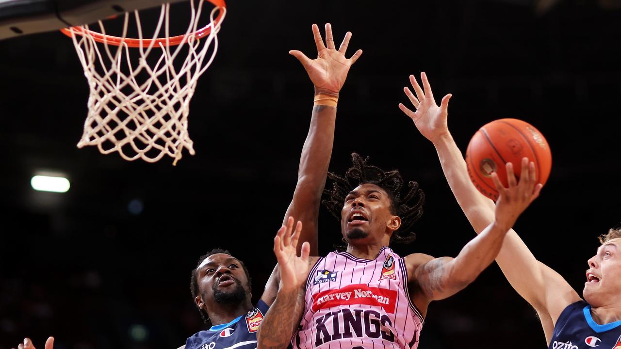 Jaylen Adams of the Kings lays up a shot during the round 17 NBL match between Sydney Kings and Melbourne United at Qudos Bank Arena. Picture: Mark Kolbe/Getty Images.