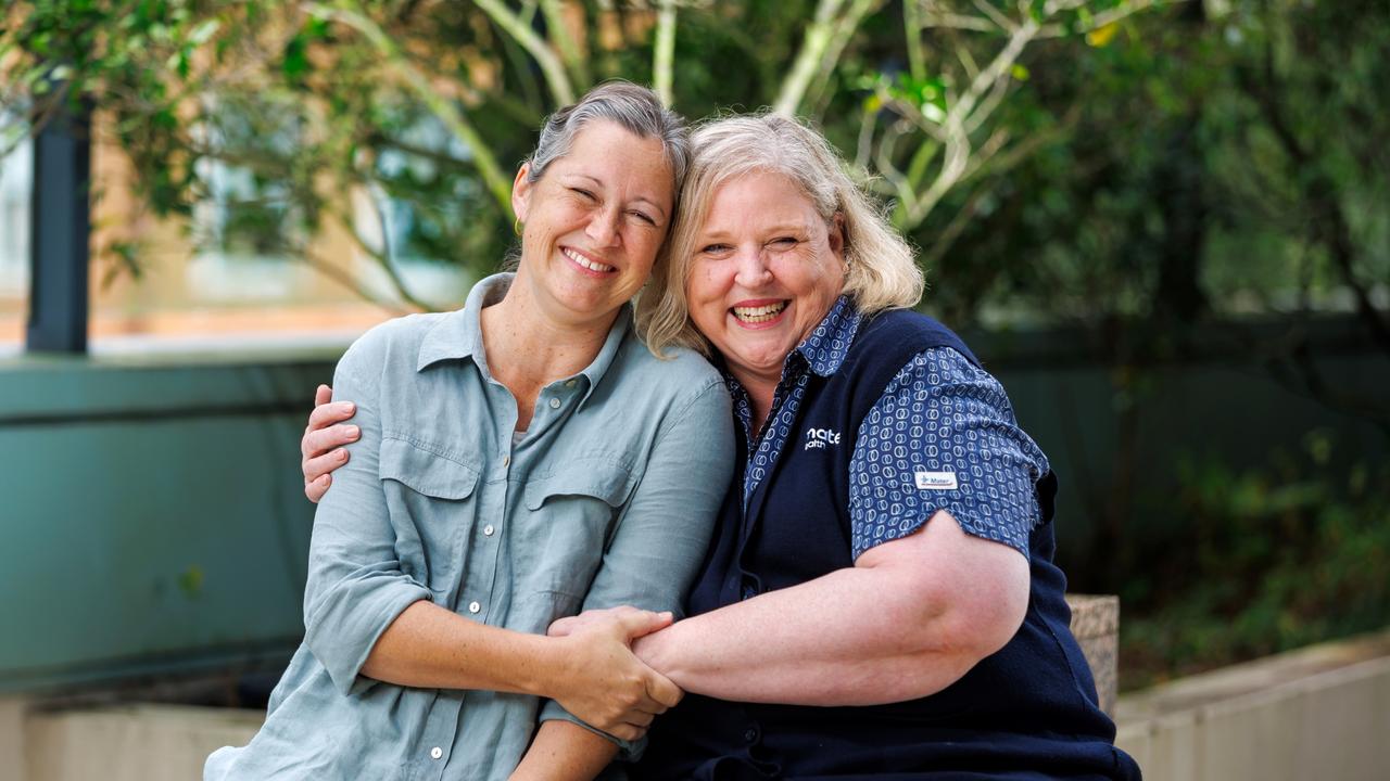 Caroline Langguth, mum of 14 kids and midwife Annette Parry pictured Mater Hospital, Brisbane 25th June 2024. Photo: Josh Woning.