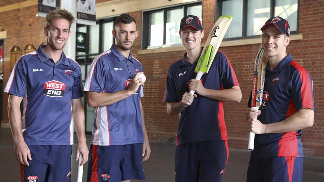 Adelaide University’s Will Bosisto (left), Woodville’s Aaron Summers, Glenelg’s Liam Scott and Kensington’s Henry Hunt are among the key interstate recruits joining SACA Premier Cricket this season. Picture: DEAN MARTIN