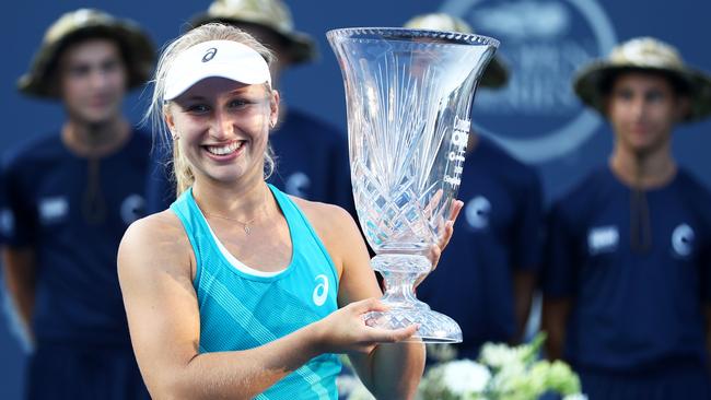 NEW HAVEN, CT - AUGUST 26: Daria Gavrilova of Australia celebrates with the winners trophy after defeating Dominika Cibulkova of Slovakia to win the Connecticut Open at Connecticut Tennis Center at Yale on August 26, 2017 in New Haven, Connecticut. Maddie Meyer/Getty Images/AFP == FOR NEWSPAPERS, INTERNET, TELCOS &amp; TELEVISION USE ONLY ==