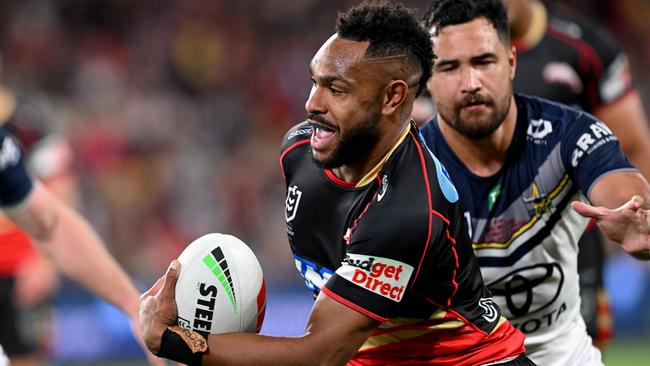 Hamiso Tabuai-Fidow breaks away from the defence during the round 26 NRL match between Dolphins and North Queensland Cowboys at Suncorp Stadium on August 25, 2023 in Brisbane, Australia. (Photo by Bradley Kanaris/Getty Images)