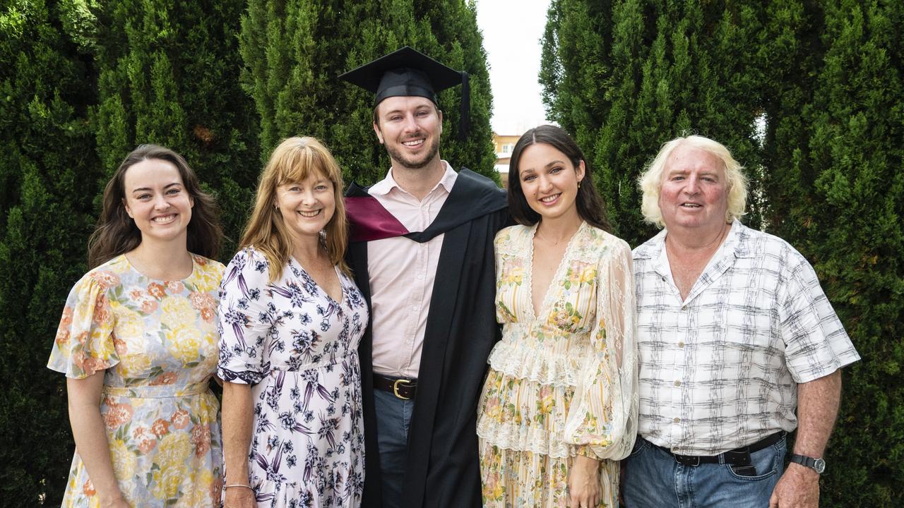 Bachelor of Spatial Science Technology graduate Jamie Quinn with (from left) Shauna Quinn, Jane Quinn, Ruby Carnes and Doug Quinn at the UniSQ graduation ceremony at Empire Theatres, Tuesday, December 13, 2022. Picture: Kevin Farmer