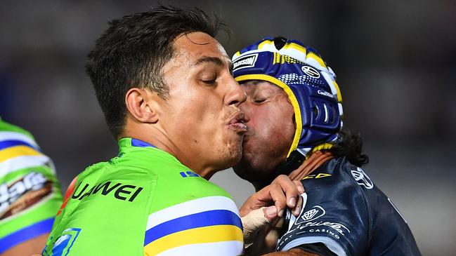 Joseph Tapine has the Johnathan Thurston kiss of approval. Picture: Ian Hitchcock/Getty Images