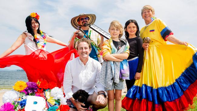 Back L-R: Milena Campbell-Smith, Joy Sanchez, Elliot Price, Sophia Campbell-Smith, and Naty Aceros. Front: Clarence Mayor Brendan Bromley and Trotsky are already for the Bellerive Beach Party. Picture: Linda Higginson