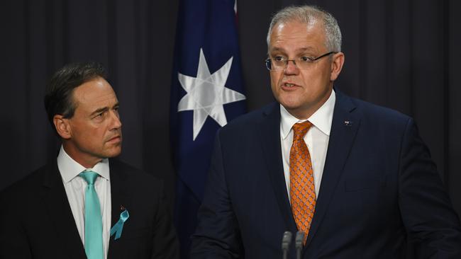 Health Minister Greg Hunt and Prime Minister Scott Morrison. Picture: AAP/Lukas Coch