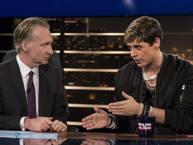 In this photo provided by HBO, host Bill Maher, left, listens to Milo Yiannopoulos. Picture: AP.