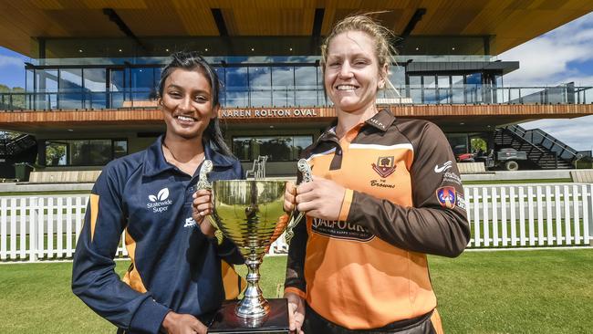 West Torrens’ Jess Joseph and Kensington’s Bridget Patterson before last season’s T20 grand final. Picture: Roy Vandervegt