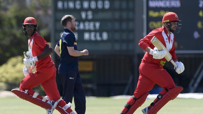 Casey South MelbourneÃs Ashley Chandrasinghe and Luke Manders in action during the Premier Cricket: Ringwood v Casey South Melbourne at Russell Lucas Oval in Ringwood, Saturday, Feb. 12, 2022. Picture: Andy Brownbill