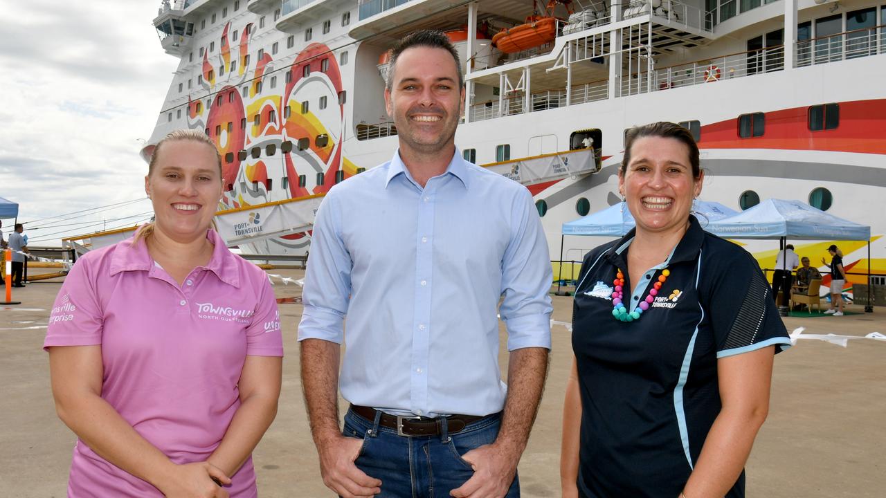 Townsville Enterprise’s Lisa Woolfe, MP Adam Baillie and Port of Townsville cruise ship coordinator Monica Cazzulino. Picture: Evan Morgan