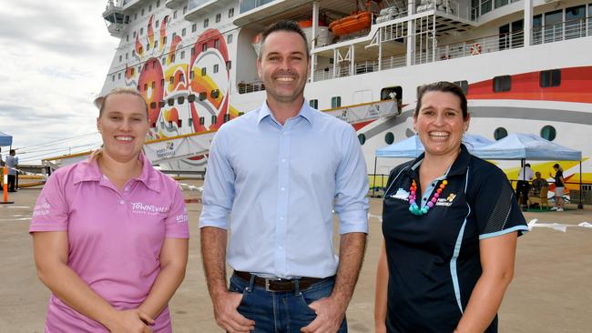 Townsville Enterprise’s Lisa Woolfe, MP Adam Baillie and Port of Townsville cruise ship coordinator Monica Cazzulino. Picture: Evan Morgan
