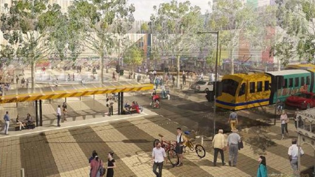 Concept designs — released earlier — looking east across Unley Rd, that includes a tram line. Supplied: Taylor Cullity Lethlean